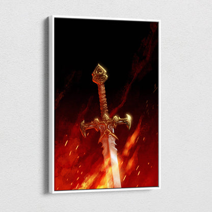 A framed canvas artwork featuring an ornate golden sword with intricate details on a fiery red and black background