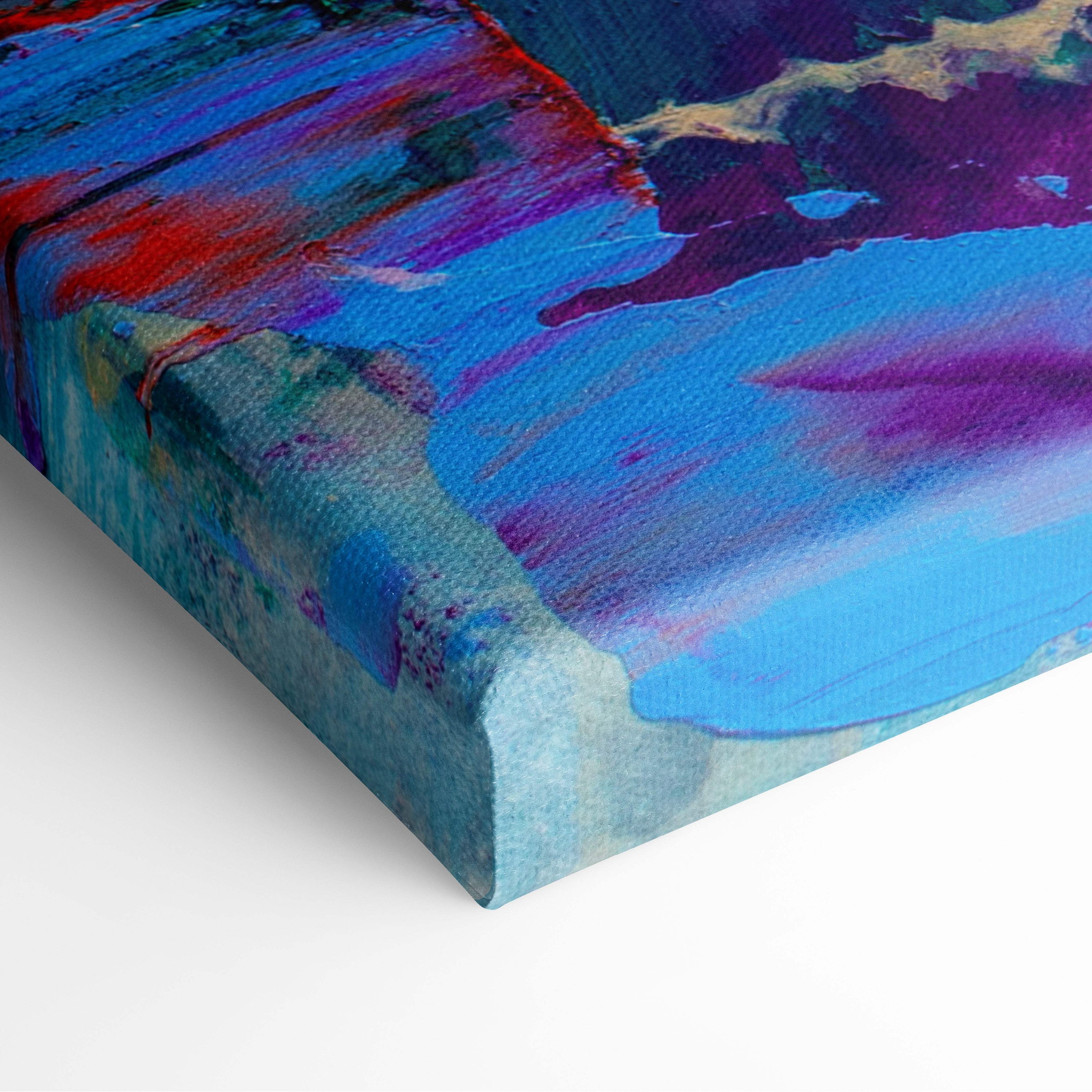 Vibrant tree abstract painting style wall art with bold blue purple red and teal strokes on textured fabric canvas print