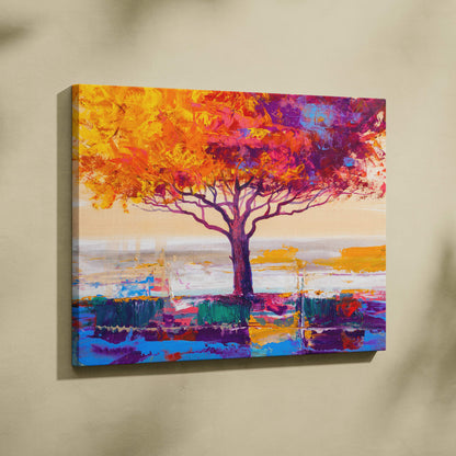 Vibrant tree abstract painting canvas print with fiery orange and purple leaves on textured blue and yellow background