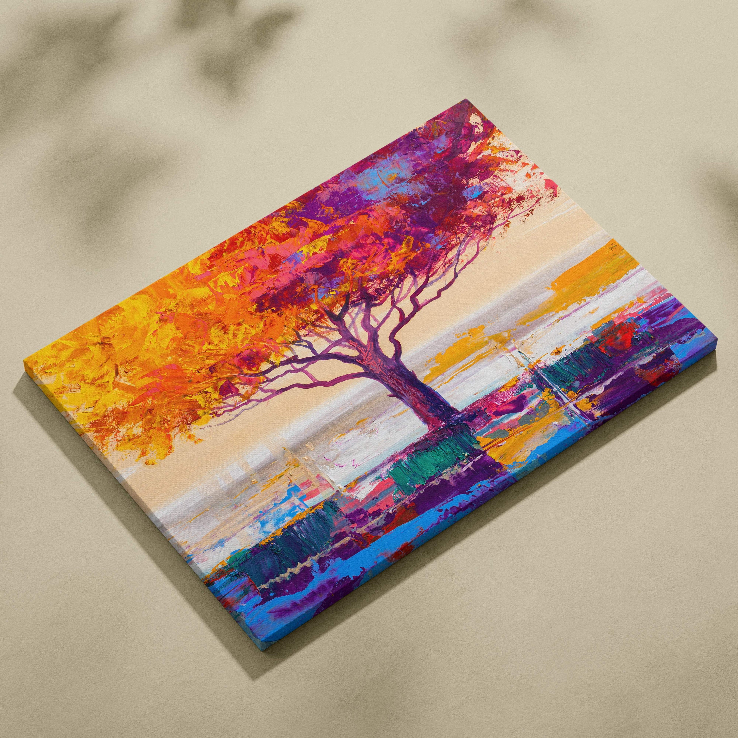 Vibrant tree abstract painting style wall art with fiery orange and purple foliage on canvas print with bold brushstrokes