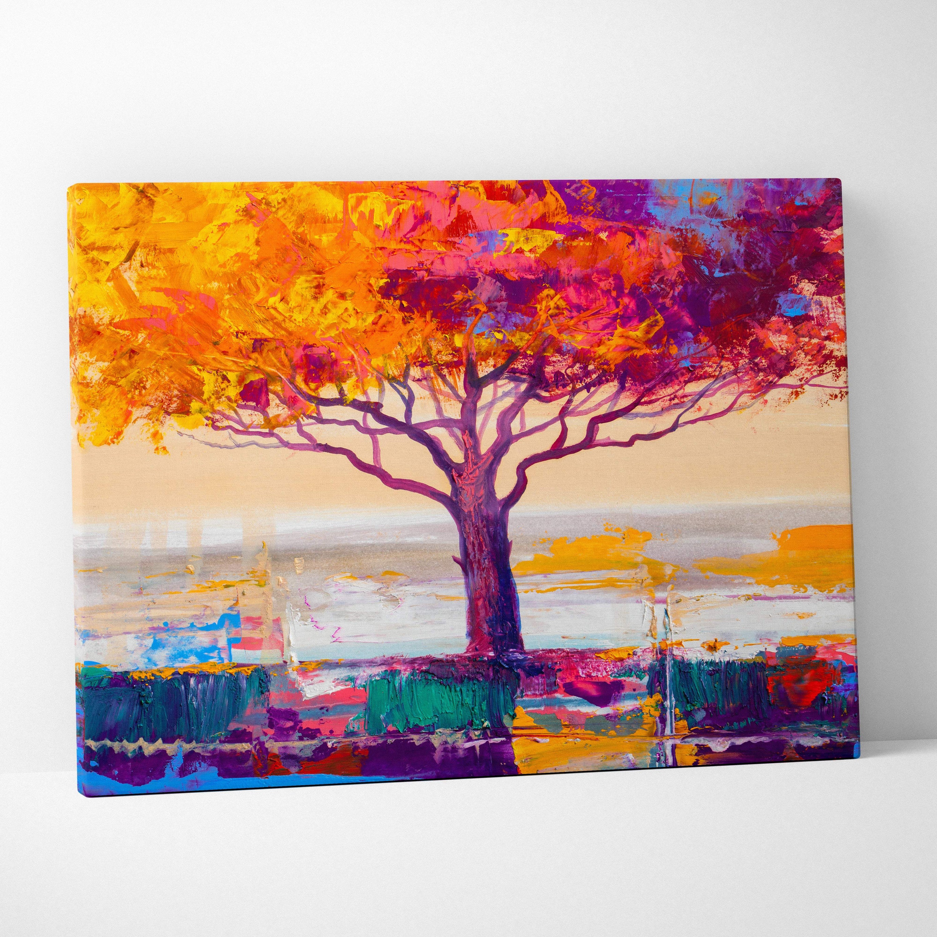 Vibrant tree abstract painting style wall art canvas print with bold orange pink and purple foliage and beige sky