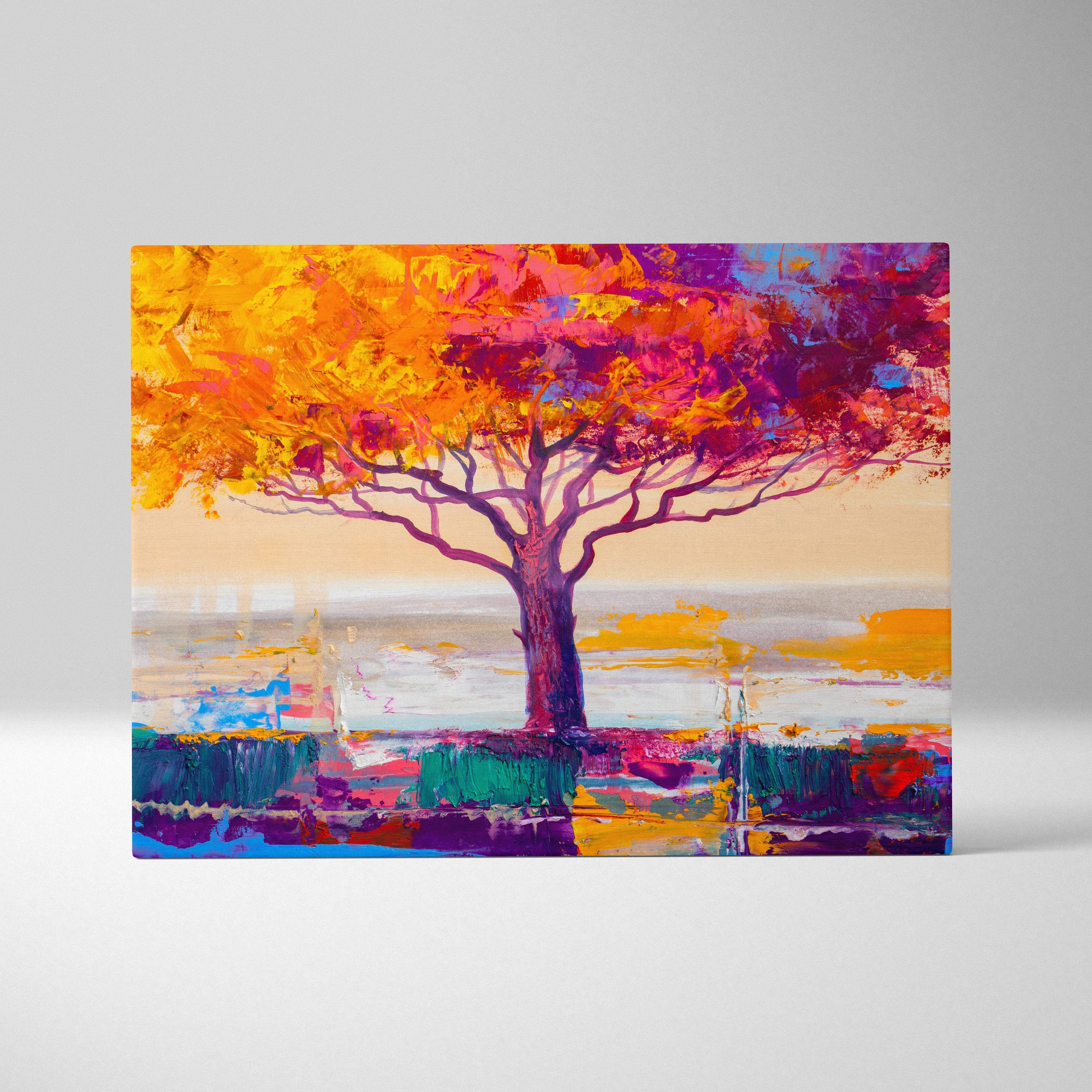 Vibrant tree abstract painting style wall art canvas print with fiery orange and magenta leaves on soft gradient sky