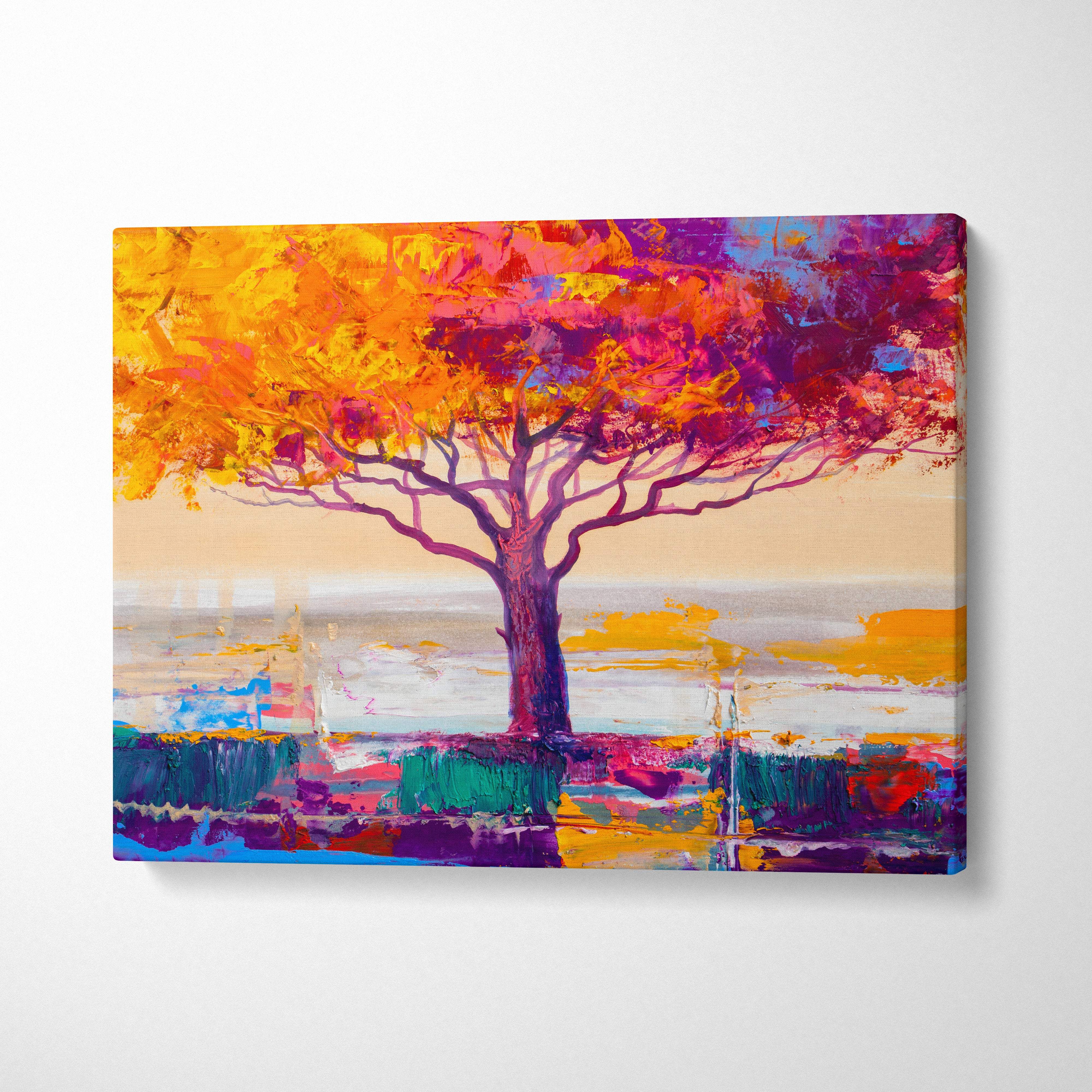 Vibrant tree abstract canvas painting with fiery orange and magenta leaves and expressive brushstrokes wall art