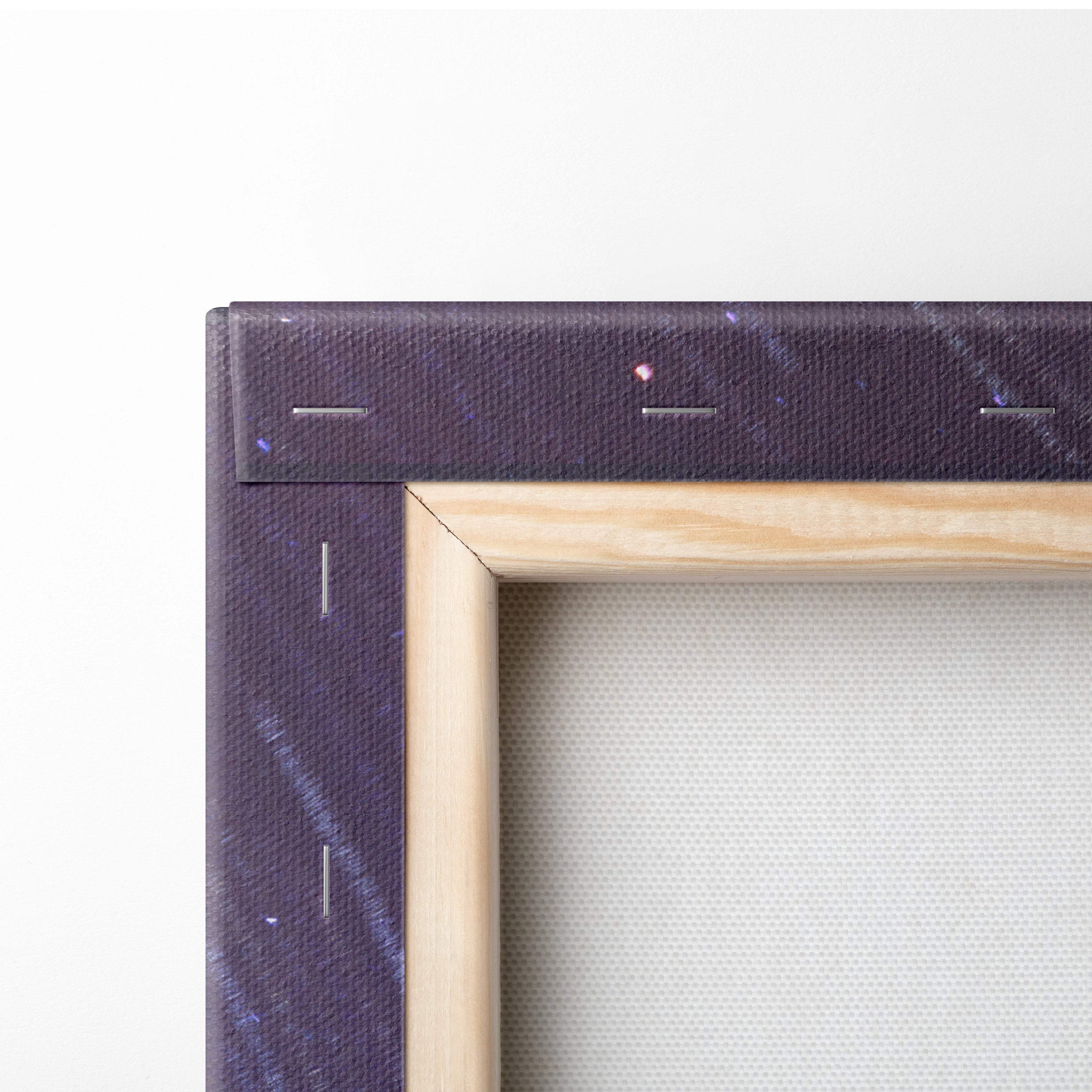 A framed surreal cosmic portal tree canvas with deep purple starry design and stitched wooden edges for wall art