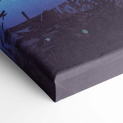 Canvas print with textured surface depicting surreal cosmic portal tree in deep blues and purples for wall art