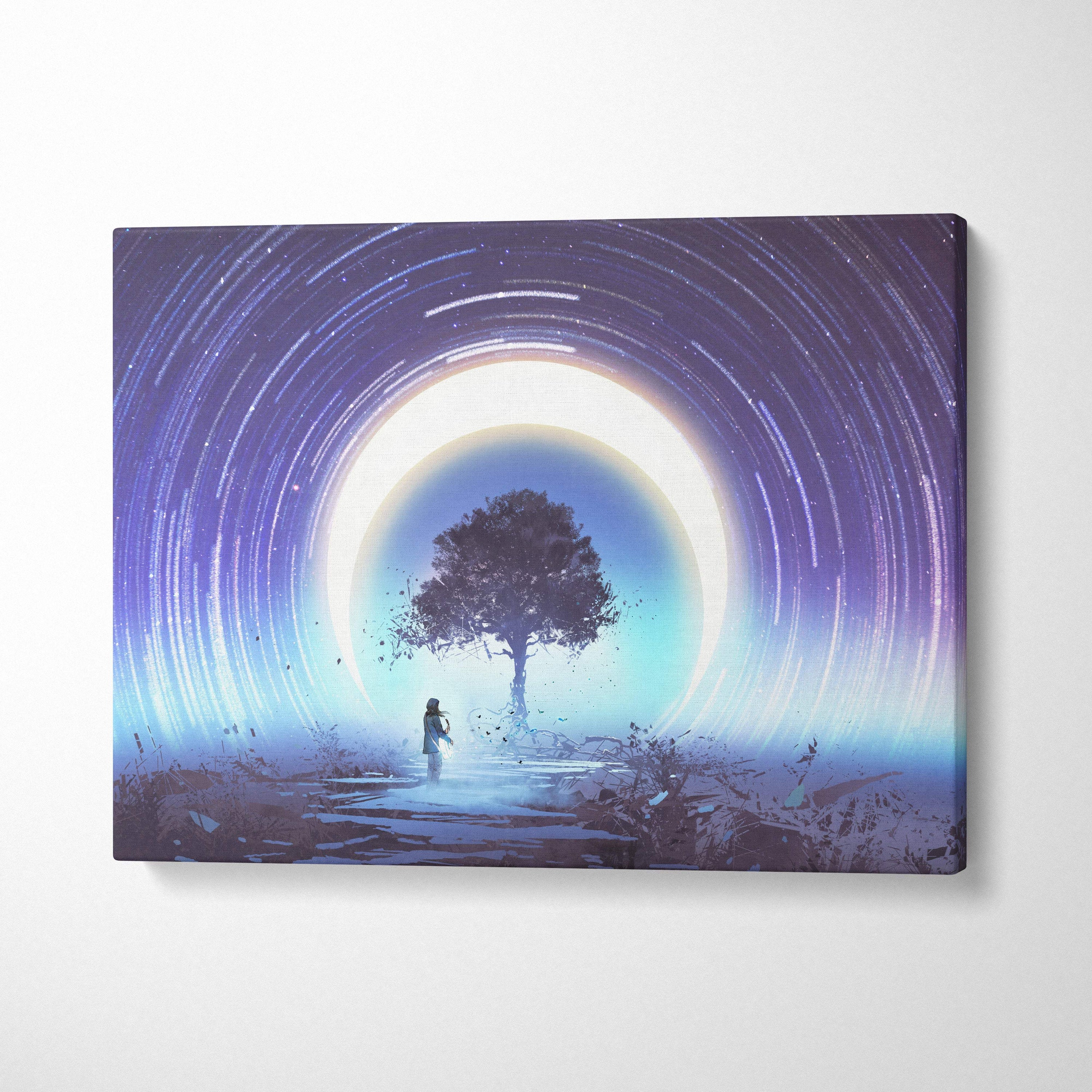 Surreal cosmic portal tree canvas wall art with a solitary tree silhouette against purple and blue swirling light rings