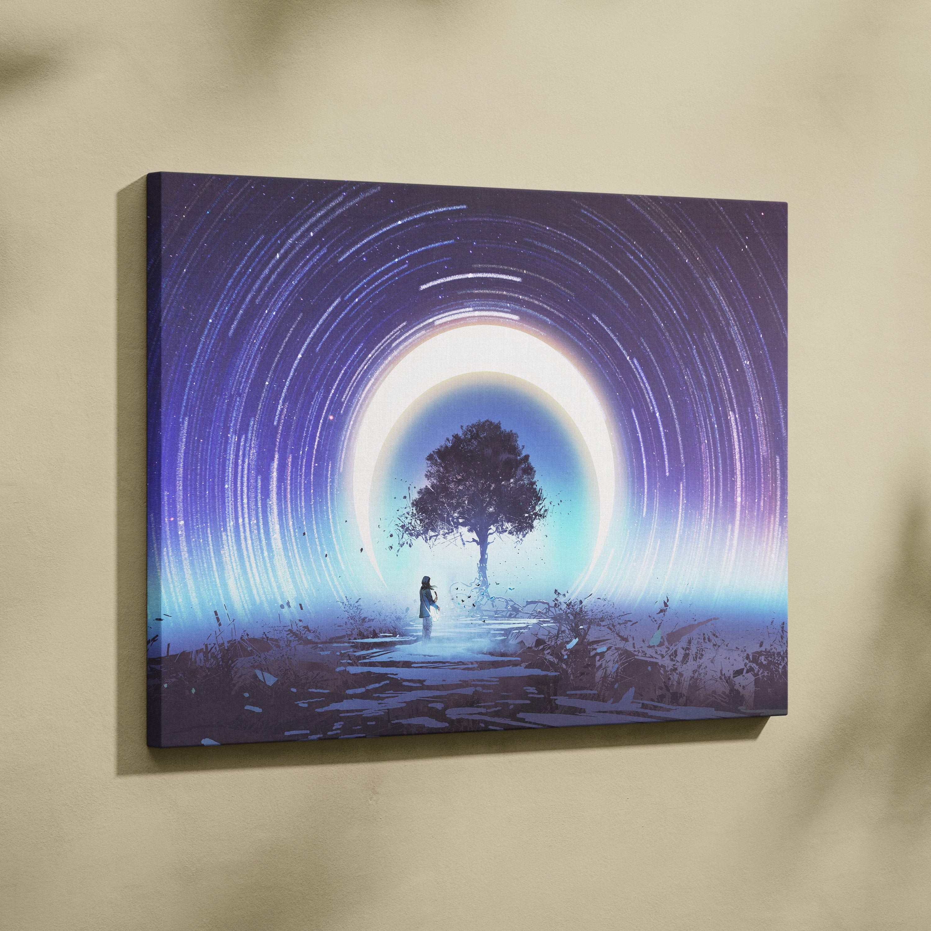 A rectangular canvas print featuring a glowing eclipse ring with a lone tree and star trail night sky in deep purple tones