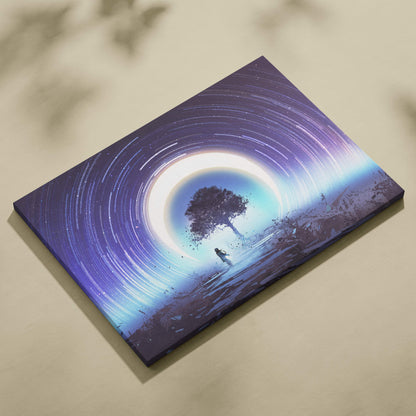 Surreal cosmic portal tree canvas wall art featuring a lone tree and figure with purple and blue star trails forming a crescent moon