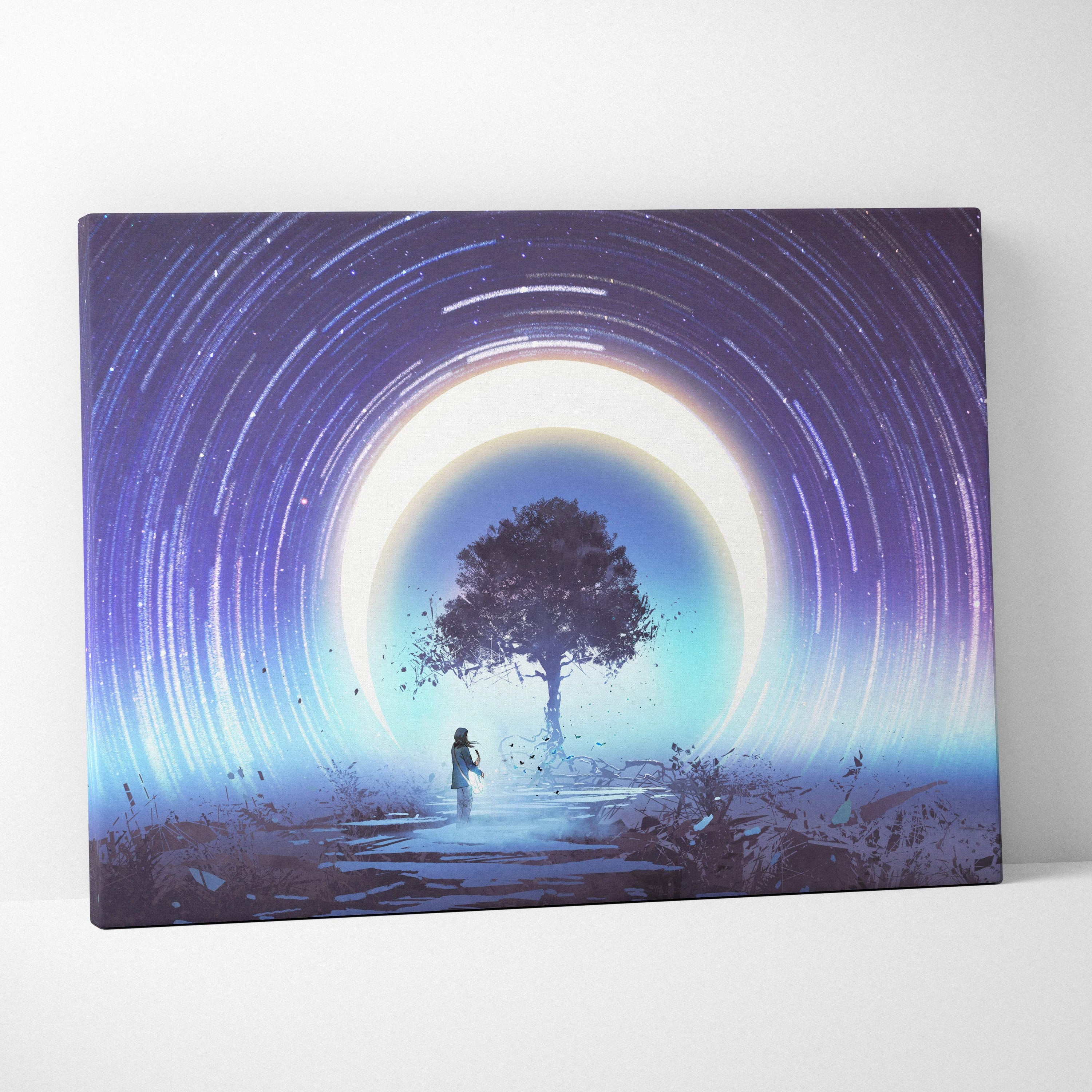 Rectangular canvas print featuring a silhouetted tree against glowing eclipse rings on a cosmic purple and blue starfield