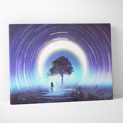 Rectangular canvas print featuring a silhouetted tree against glowing eclipse rings on a cosmic purple and blue starfield