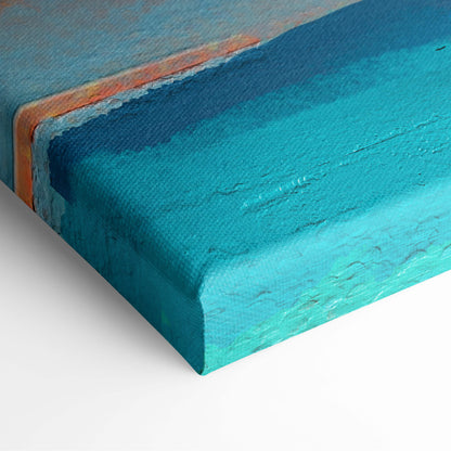 Abstract sailboat painting style wall art with textured teal and blue canvas and a subtle orange accent on the edge