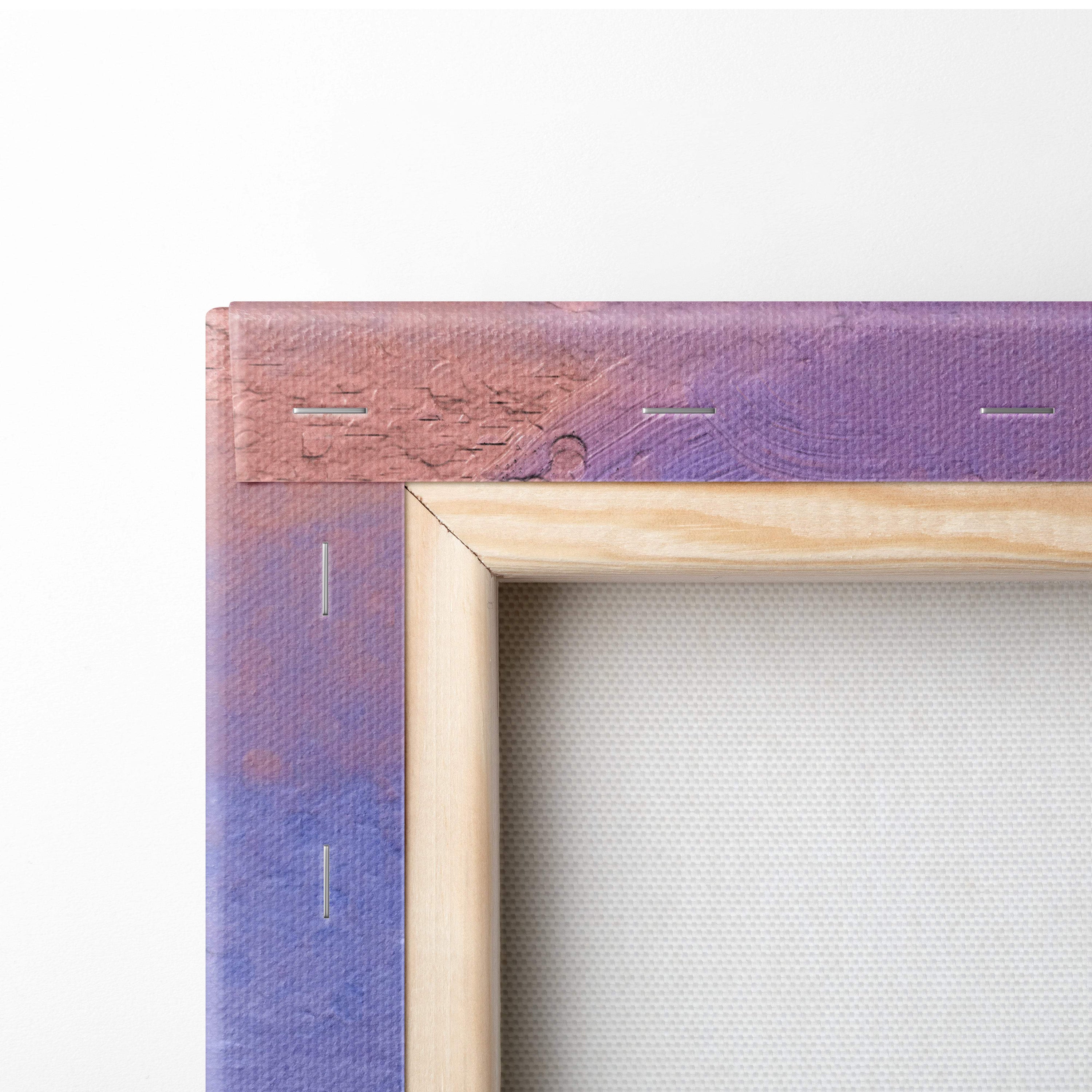A wooden canvas frame with gradient purple and pink border and stitching for abstract sailboat painting wall art
