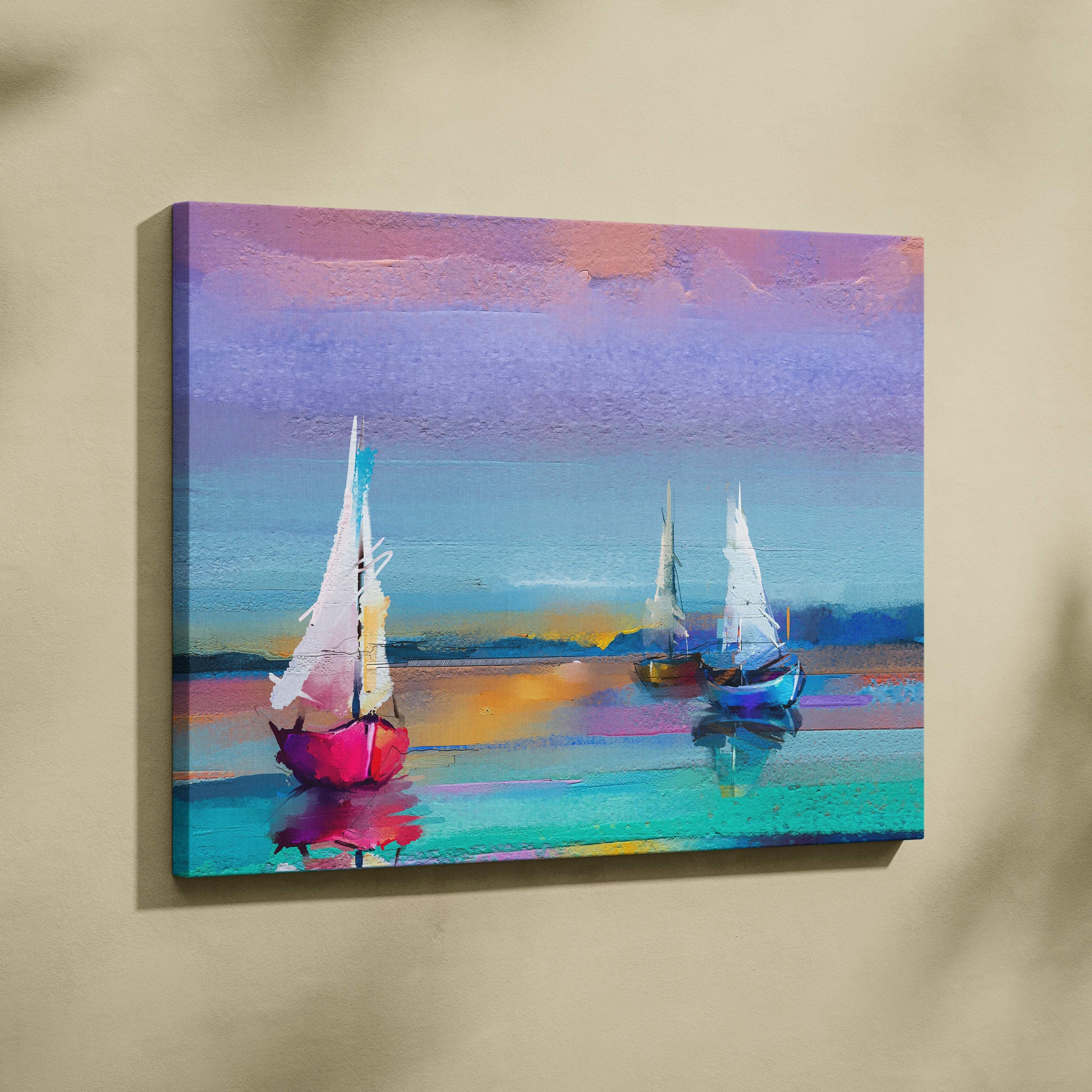 Abstract sailboat painting style wall art canvas print with vibrant pink hull boats against a dreamy purple sky