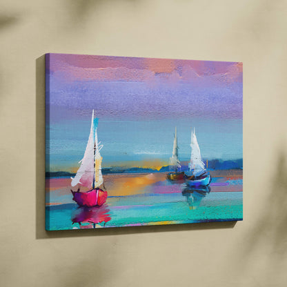 Abstract sailboat painting style wall art canvas print with vibrant pink hull boats against a dreamy purple sky