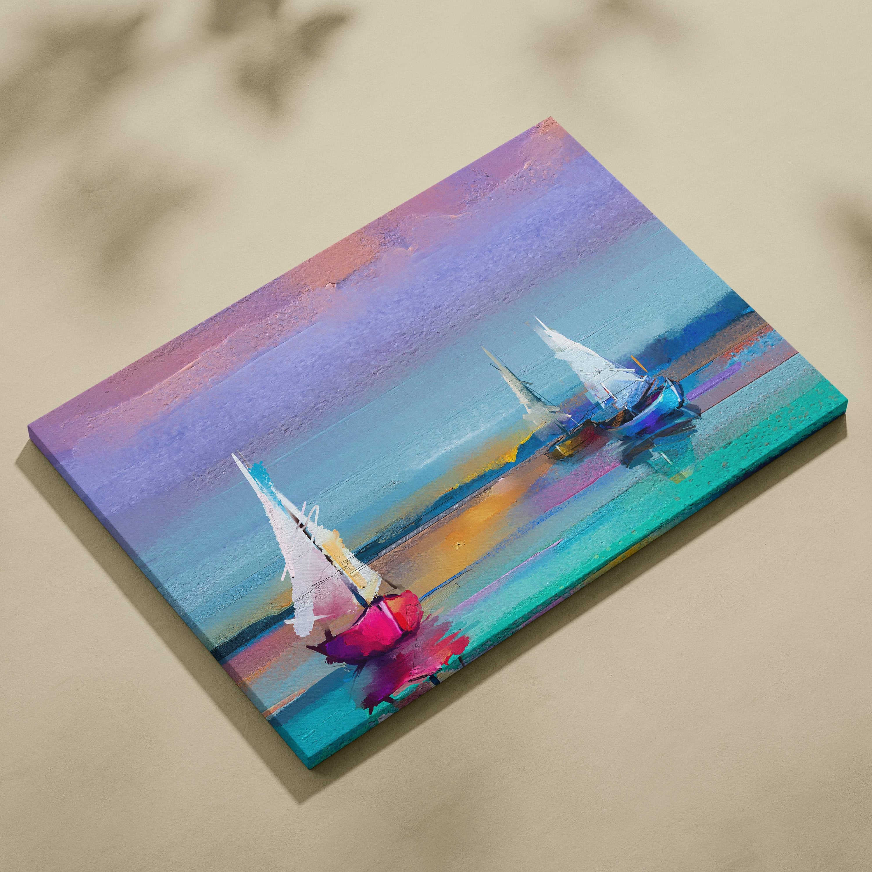 Vibrant abstract sailboat canvas painting with white sails and purple pink teal textured sky coastal wall art print