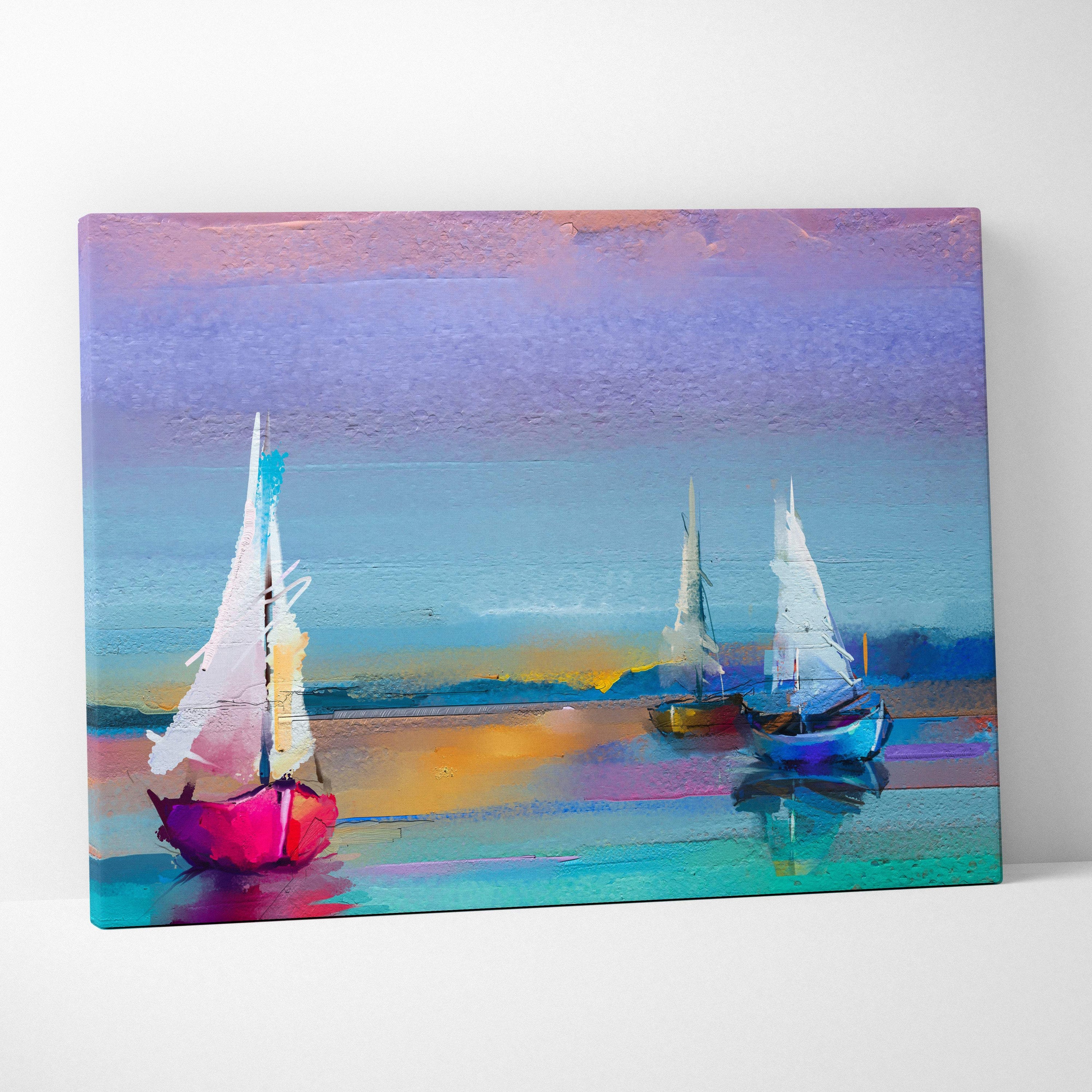 Abstract sailboat painting style wall art with colorful pink blue and yellow boats on a dreamy purple teal orange sky canvas print