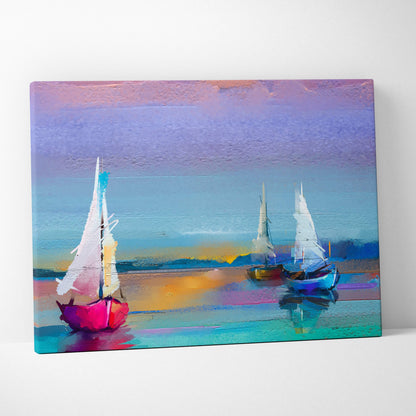 Abstract sailboat painting style wall art with colorful pink blue and yellow boats on a dreamy purple teal orange sky canvas print