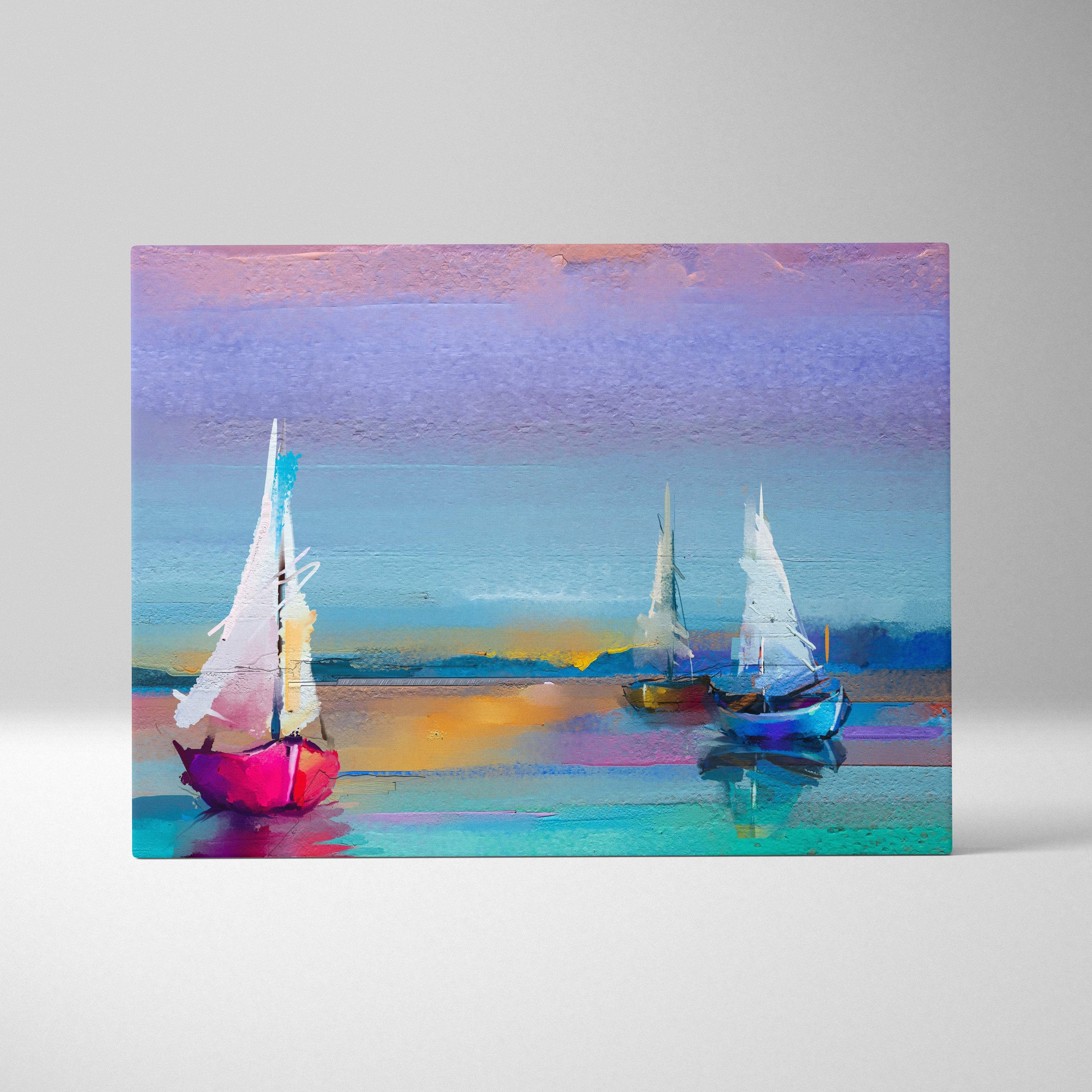 Vibrant abstract sailboat canvas painting with pink hulls white sails pastel sky and reflective water wall art print