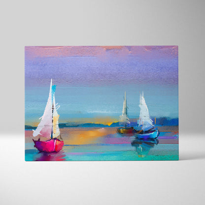 Vibrant abstract sailboat canvas painting with pink hulls white sails pastel sky and reflective water wall art print