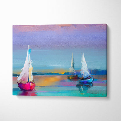 Abstract sailboat painting style wall art featuring three colorful modern boats on a dreamy coastal canvas print