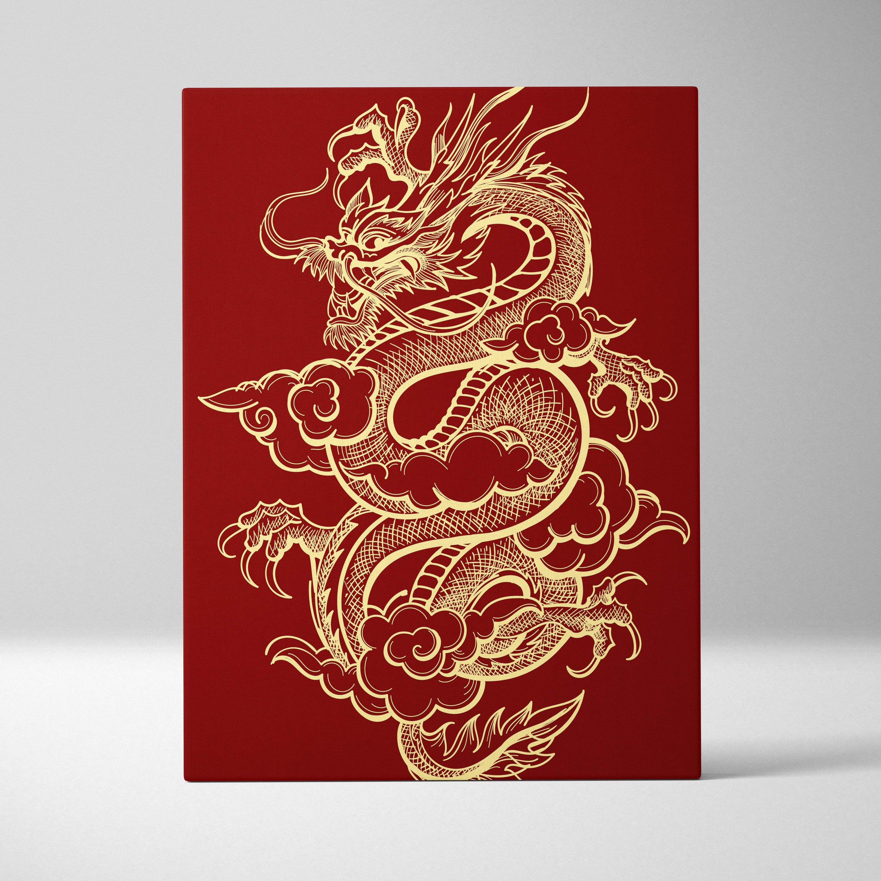 Rectangular canvas art with a gold line-art dragon coiled among clouds on a deep red background for wall decor