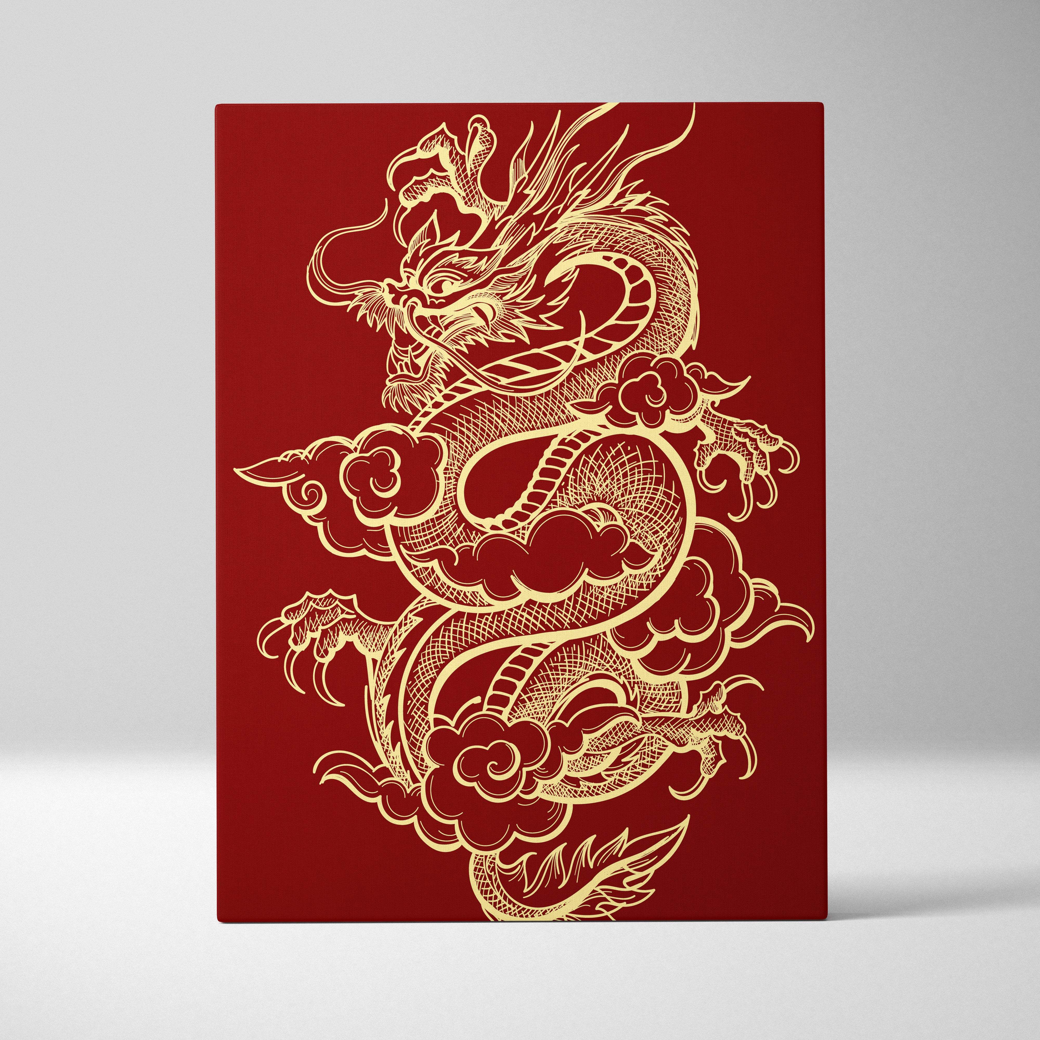 Rectangular canvas art with a gold line-art dragon coiled among clouds on a deep red background for wall decor