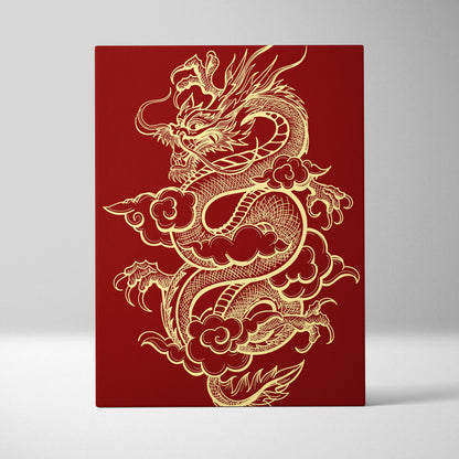 Rectangular canvas art with a gold line-art dragon coiled among clouds on a deep red background for wall decor