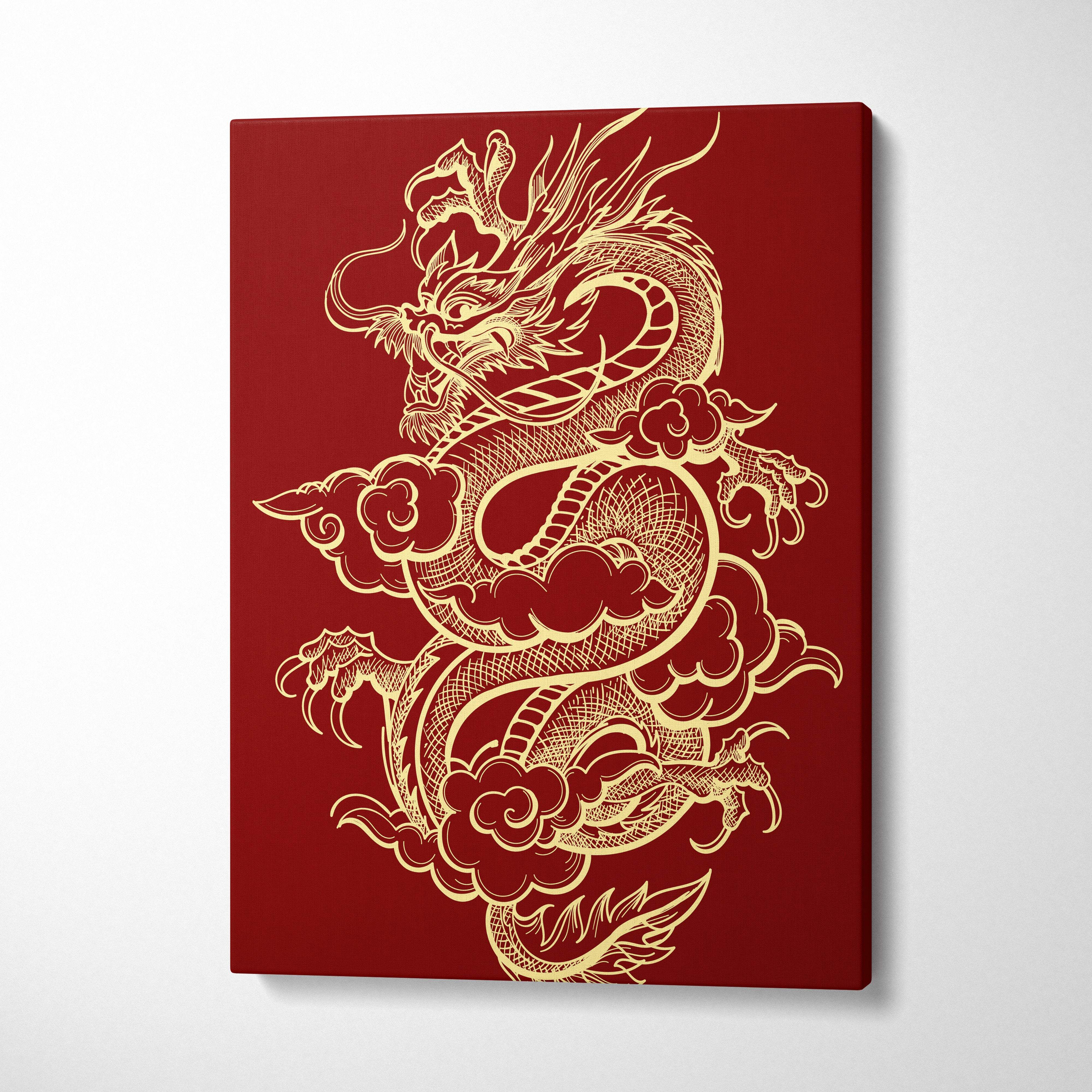 A red canvas print featuring an intricately detailed golden dragon design in traditional Chinese style wall decor