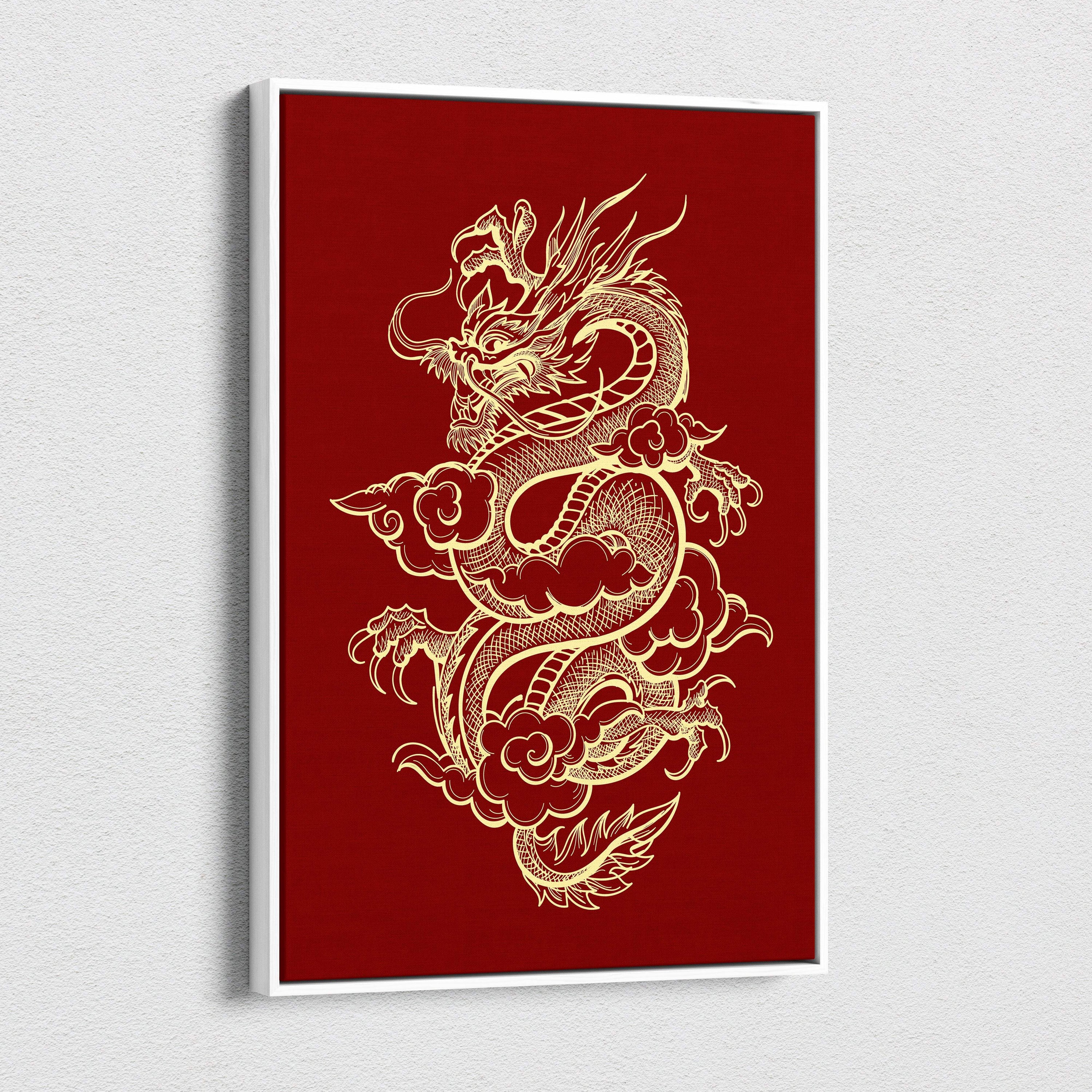 A framed traditional Chinese gold dragon canvas art with intricate details on a deep red background wall decor