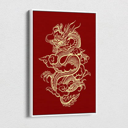 A framed traditional Chinese gold dragon canvas art with intricate details on a deep red background wall decor