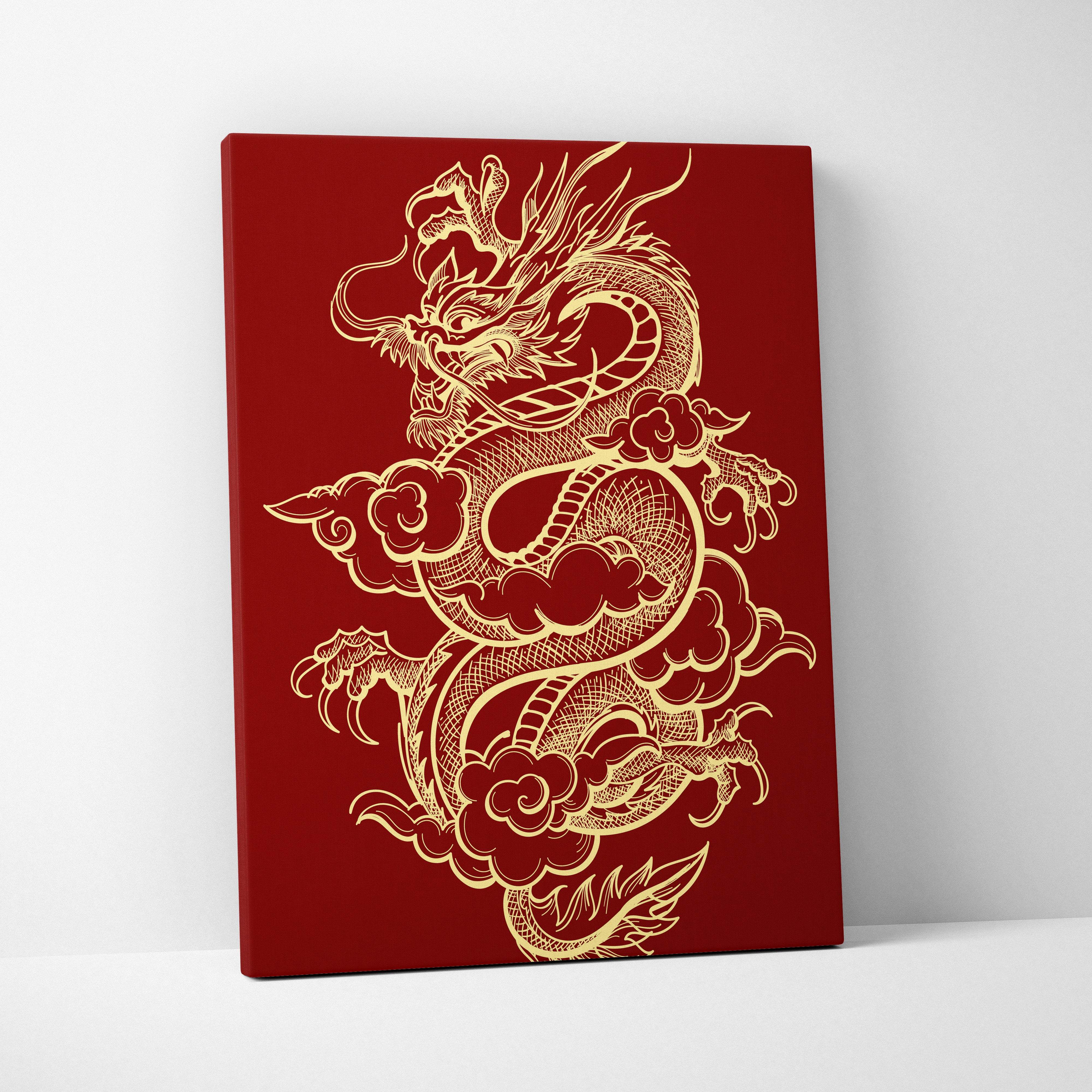 Imperial dragon elegance red canvas print featuring an intricately detailed golden chinese dragon design wall decor