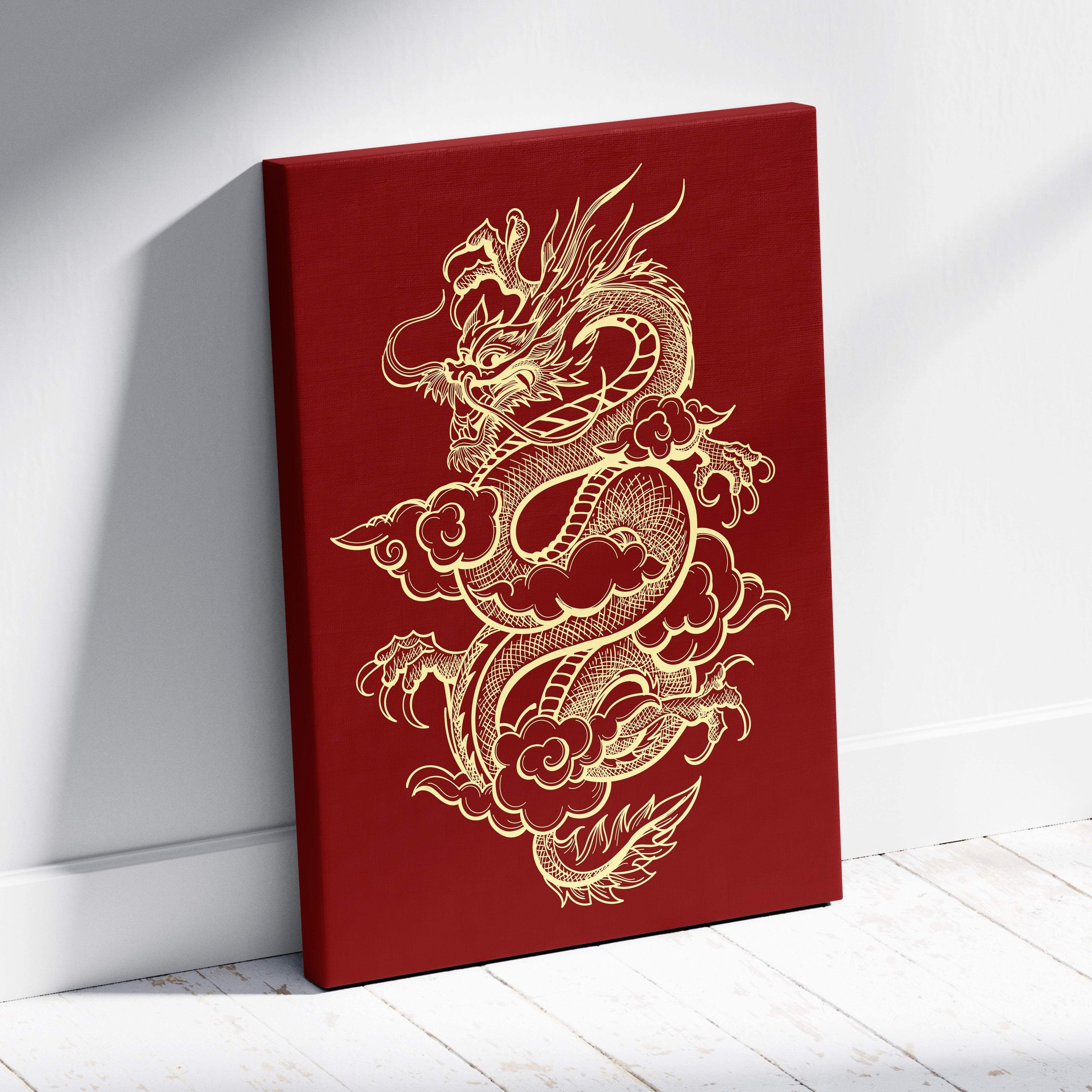 Red canvas print featuring intricate gold dragon design on vibrant background ideal for oriental wall decor