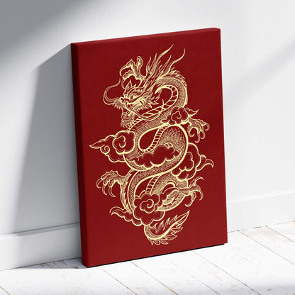 Red canvas print featuring intricate gold dragon design on vibrant background ideal for oriental wall decor
