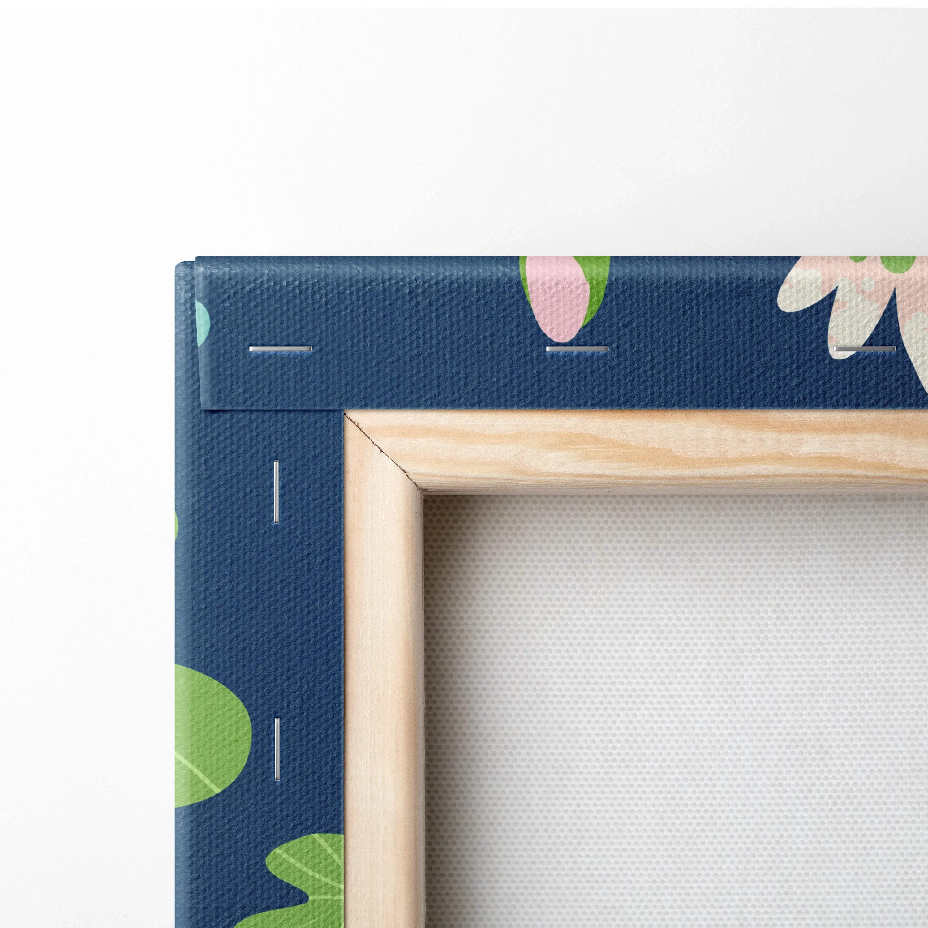 Pastel swan pattern over navy blue pond with lily pads, pink flowers canvas art