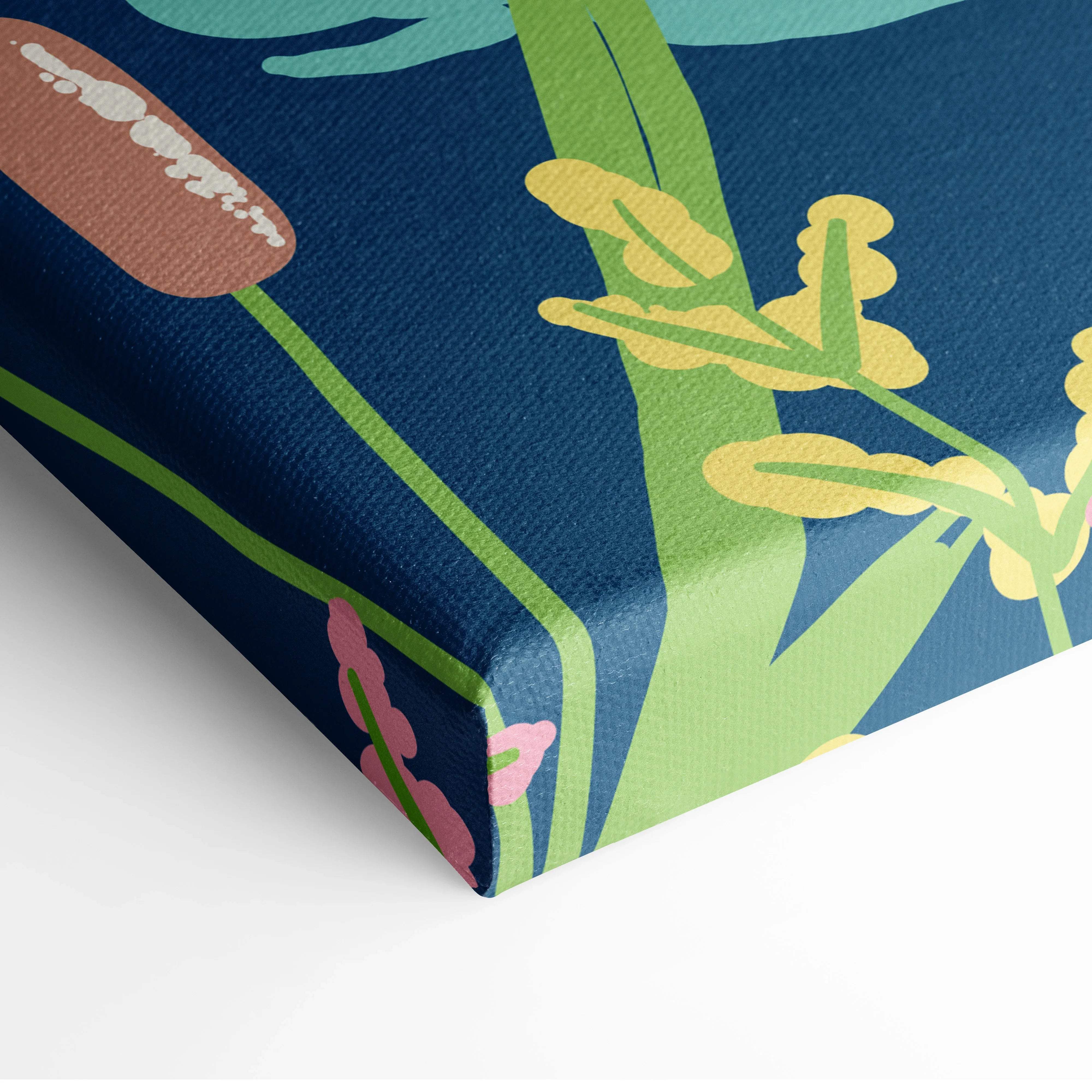 Pastel swan pattern over navy blue pond with lily pads canvas wall art