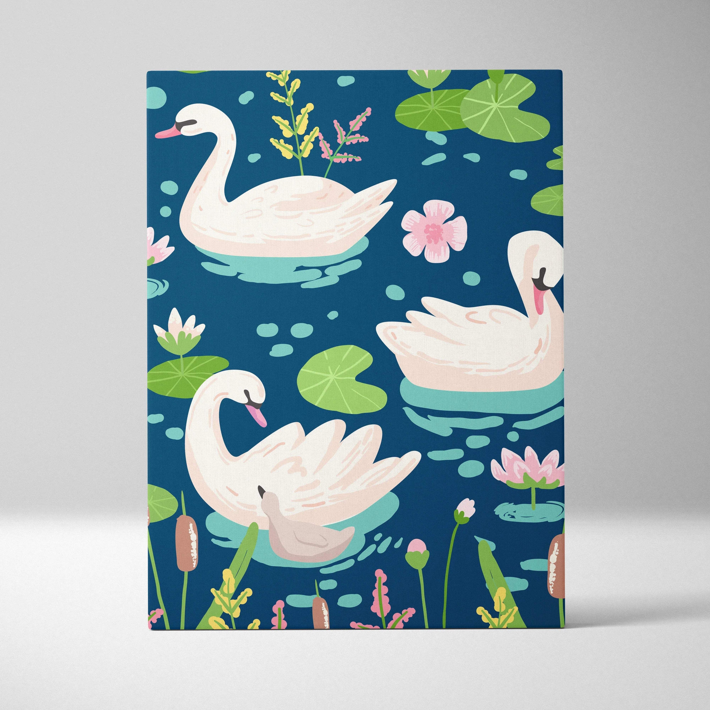 Pastel swan pattern canvas wall art with lily pads and pink flowers