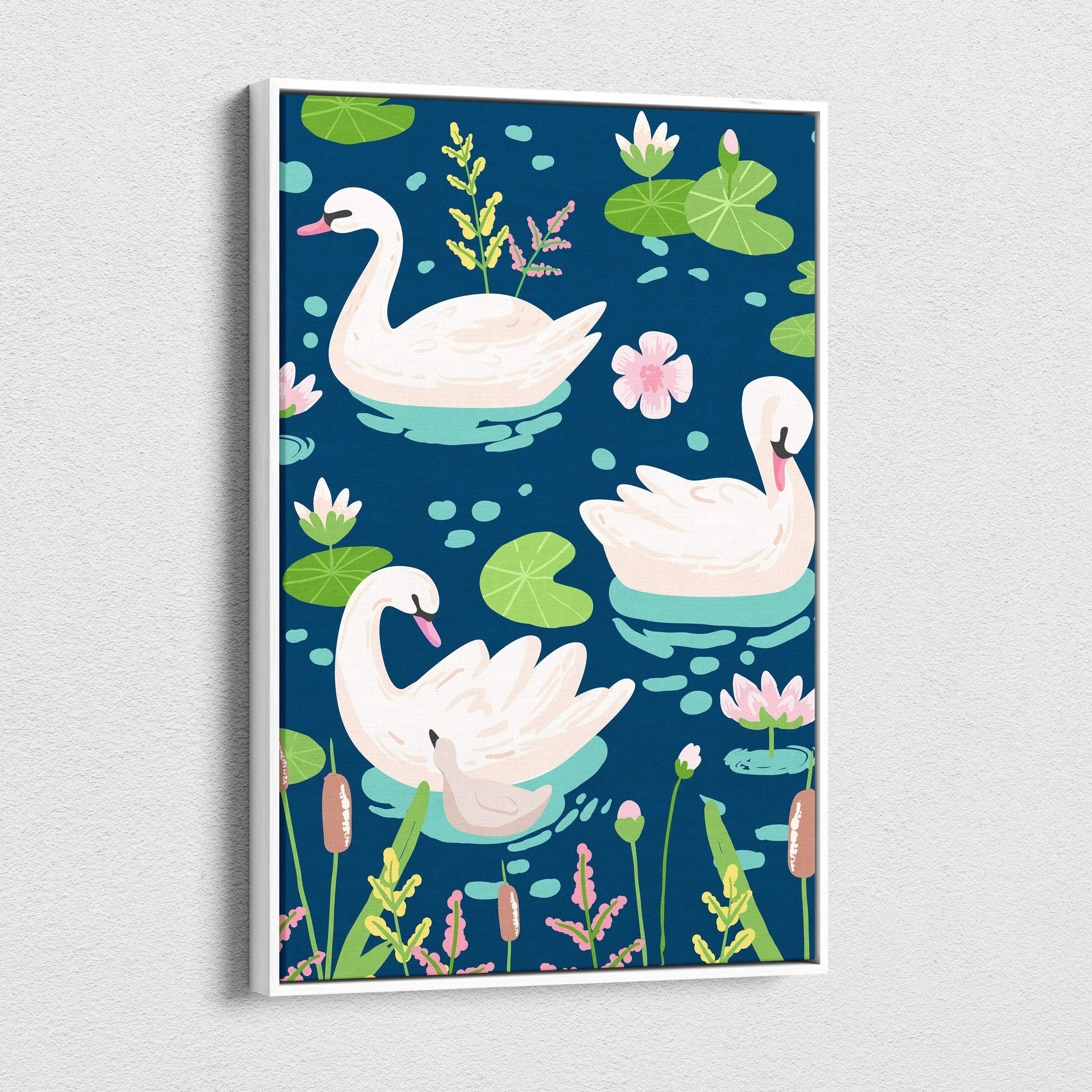 Pastel swan pattern over navy blue pond with lily pads and pink flowers canvas wall art