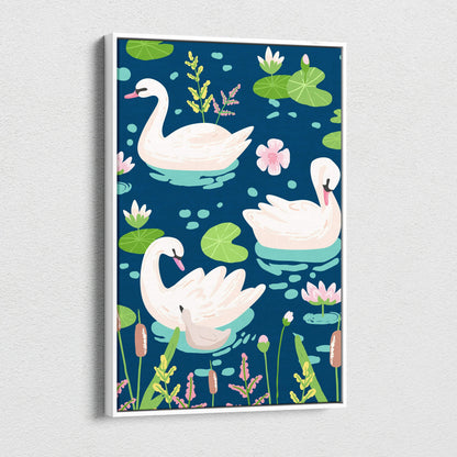 Pastel swan pattern over navy blue pond with lily pads and pink flowers canvas wall art