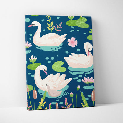 Pastel swan pattern canvas wall art with lily pads and pink flowers