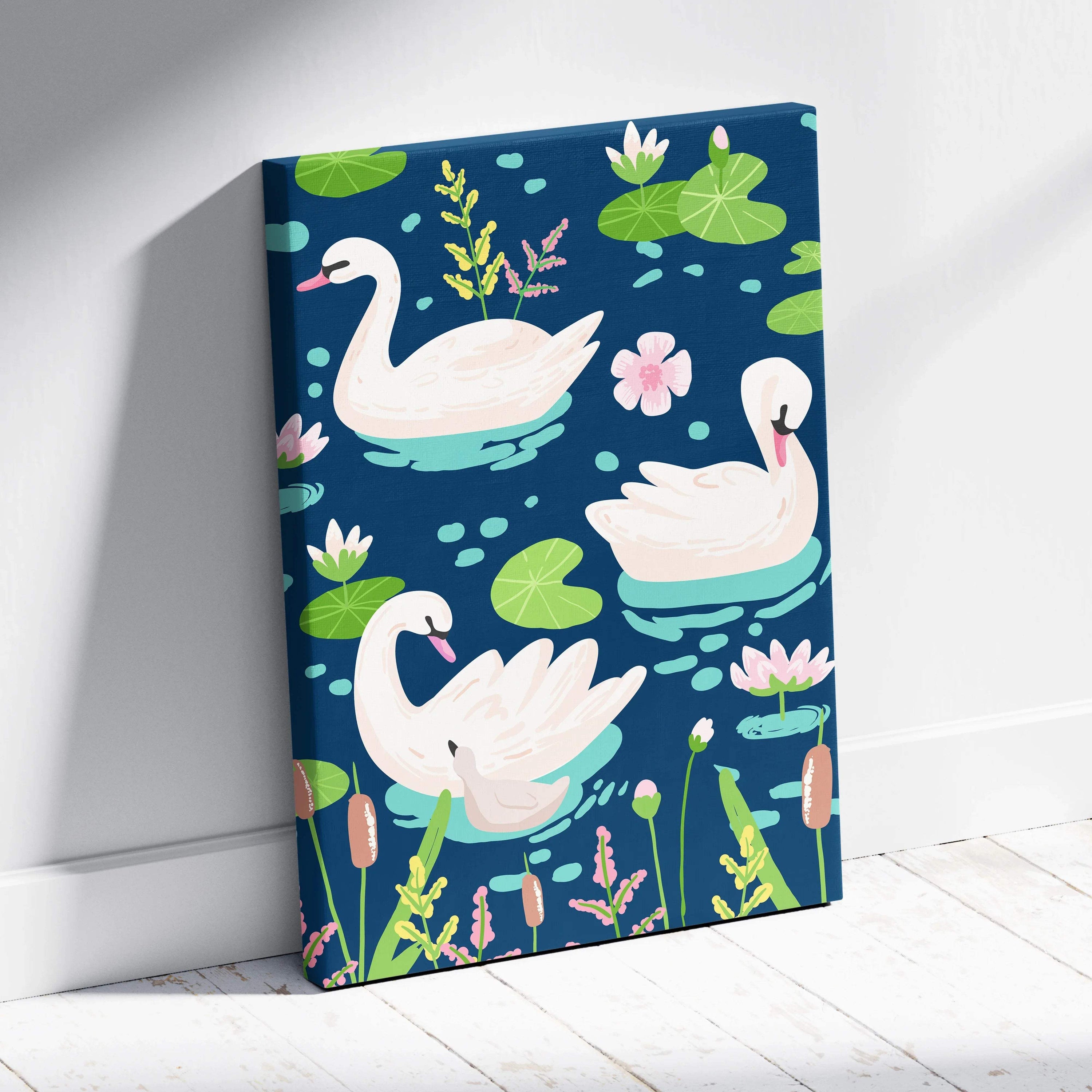 Pastel swan pattern over navy blue pond with lily pads canvas wall art