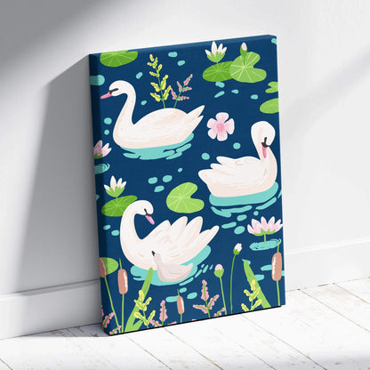 Pastel swan pattern over navy blue pond with lily pads canvas wall art