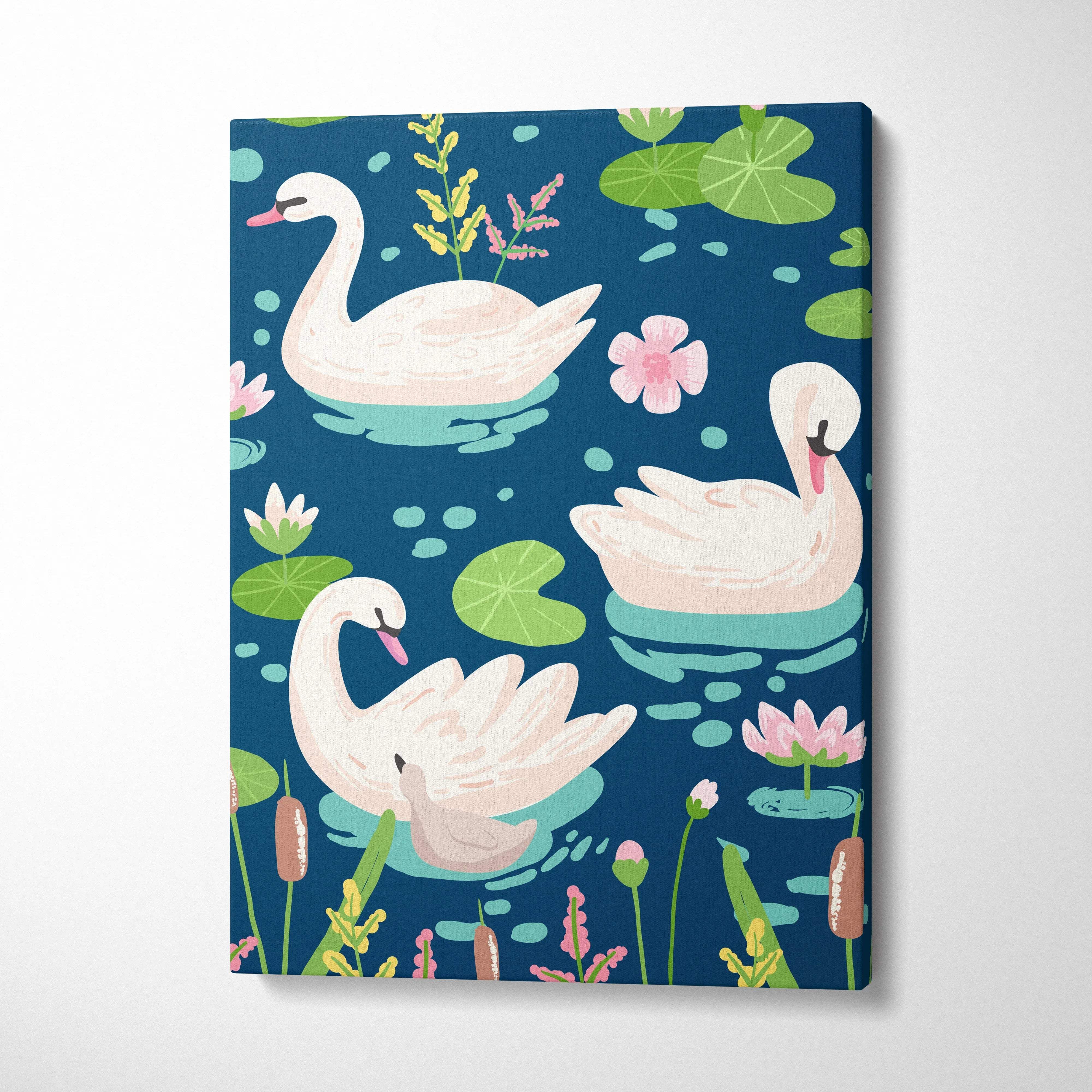Pastel swan pattern over navy blue pond with lily pads canvas wall art