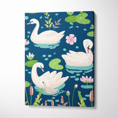 Pastel swan pattern over navy blue pond with lily pads canvas wall art