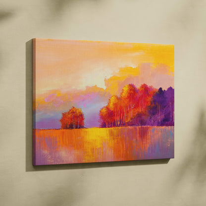 Vibrant autumn meadow wall art canvas print featuring fiery orange and purple trees reflected in golden water under sunset