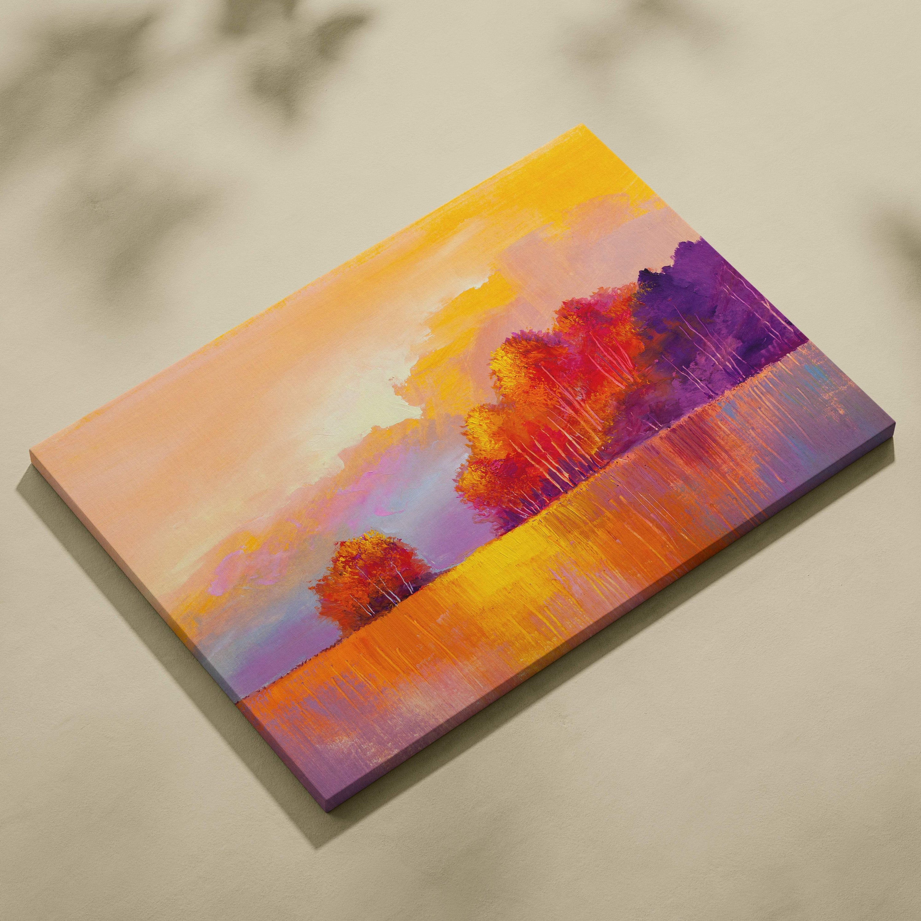 A vibrant abstract landscape canvas print of orange purple and yellow fall trees against a sunset sky for wall art