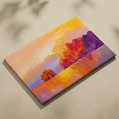 A vibrant abstract landscape canvas print of orange purple and yellow fall trees against a sunset sky for wall art