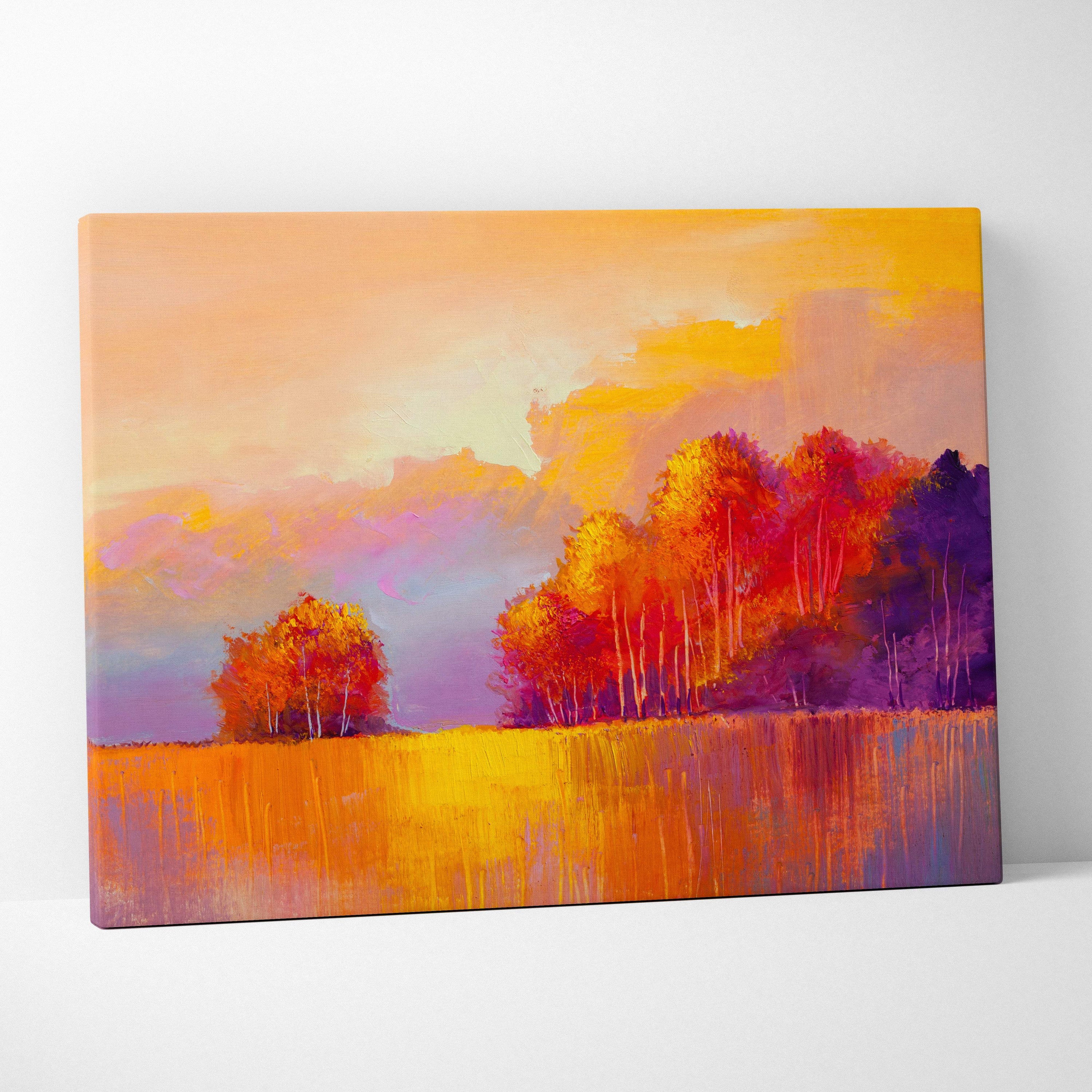 Vibrant autumn meadow painting style wall art canvas print featuring fiery orange red purple trees and golden water reflection
