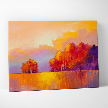Vibrant autumn meadow painting style wall art canvas print featuring fiery orange red purple trees and golden water reflection