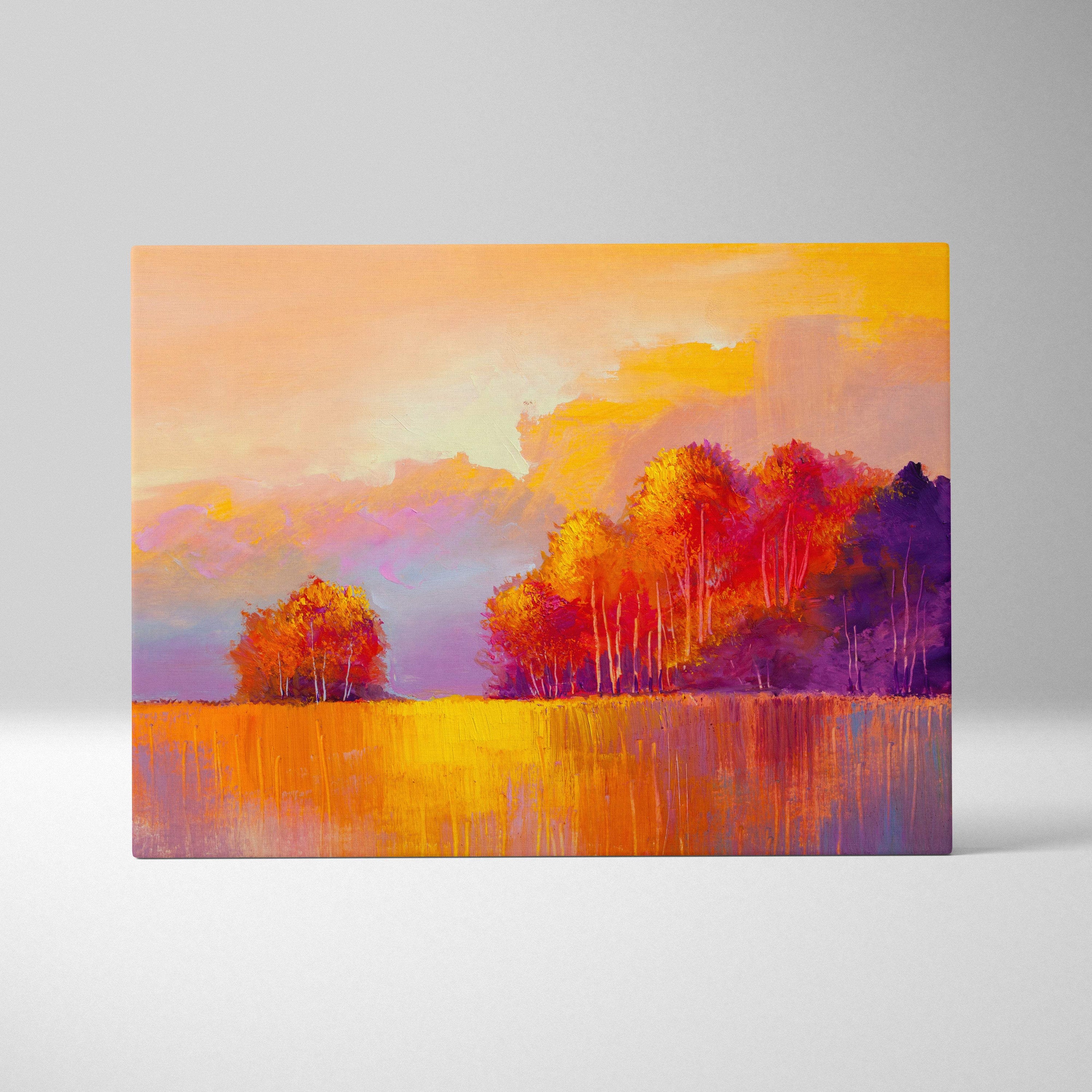 Autumn meadow painting style wall art of vibrant orange red and purple trees reflected in golden field under sunset sky