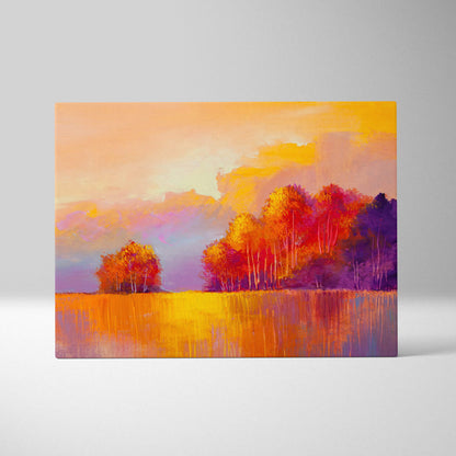 Autumn meadow painting style wall art of vibrant orange red and purple trees reflected in golden field under sunset sky